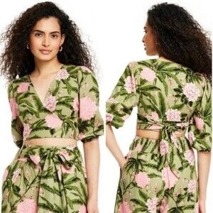 Aguabenita x Target Large Peony Print Tie Wrap Top Dark Olive/Blush 1X